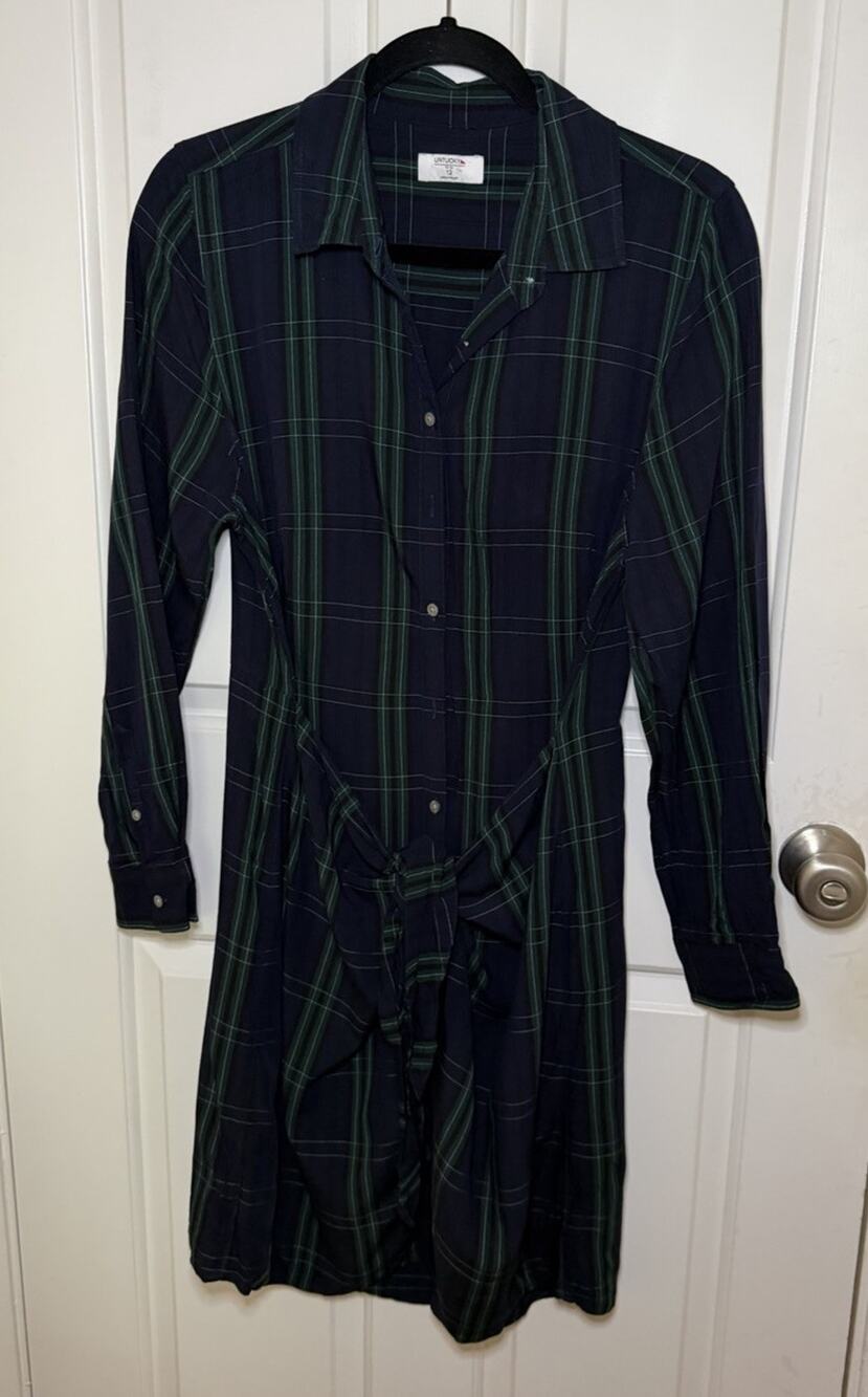UNTUCKIt Holly Navy and Green Tartan Plaid Shirt Dress Sz 12 Long Sleeve Stretch